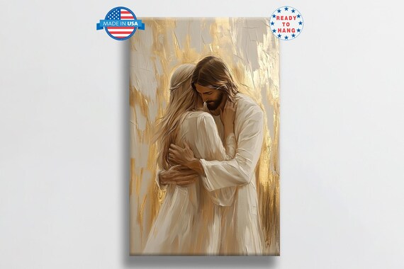 Jesus Embracing Blonde Woman Against Shimmering Gold Leaf Poster