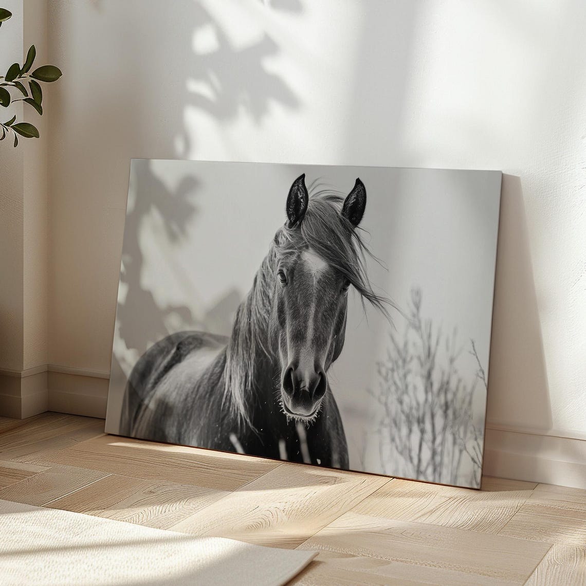 Black and White Horse Portrait With Windswept Mane Equestrian Poster - Image 3