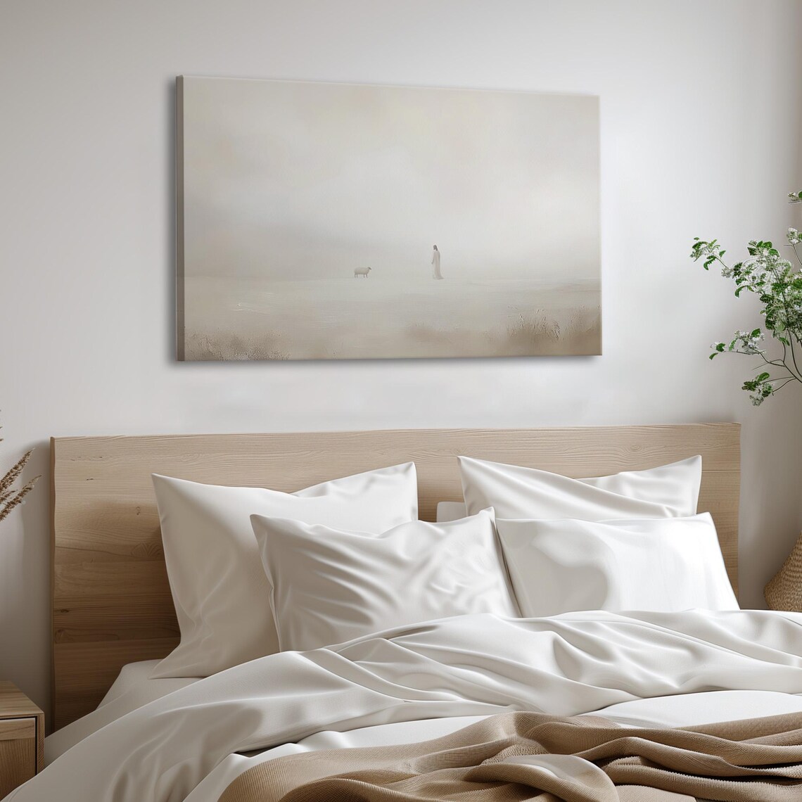 Jesus And One Lost Sheep In Vast Misty Beige Field Art Poster - Image 3