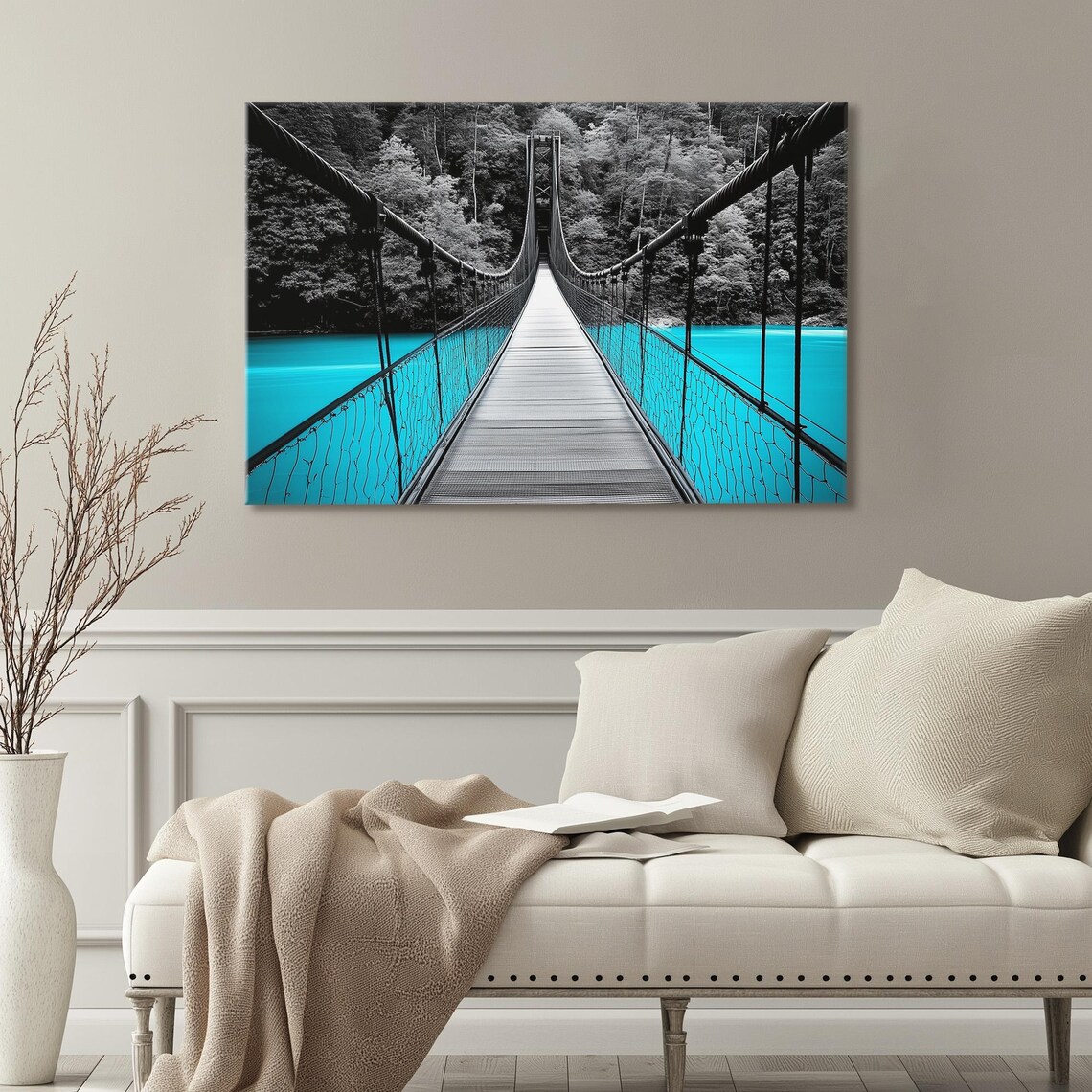 Suspension Bridge Over Turquoise Water Forest Monochrome Travel Poster - Image 3