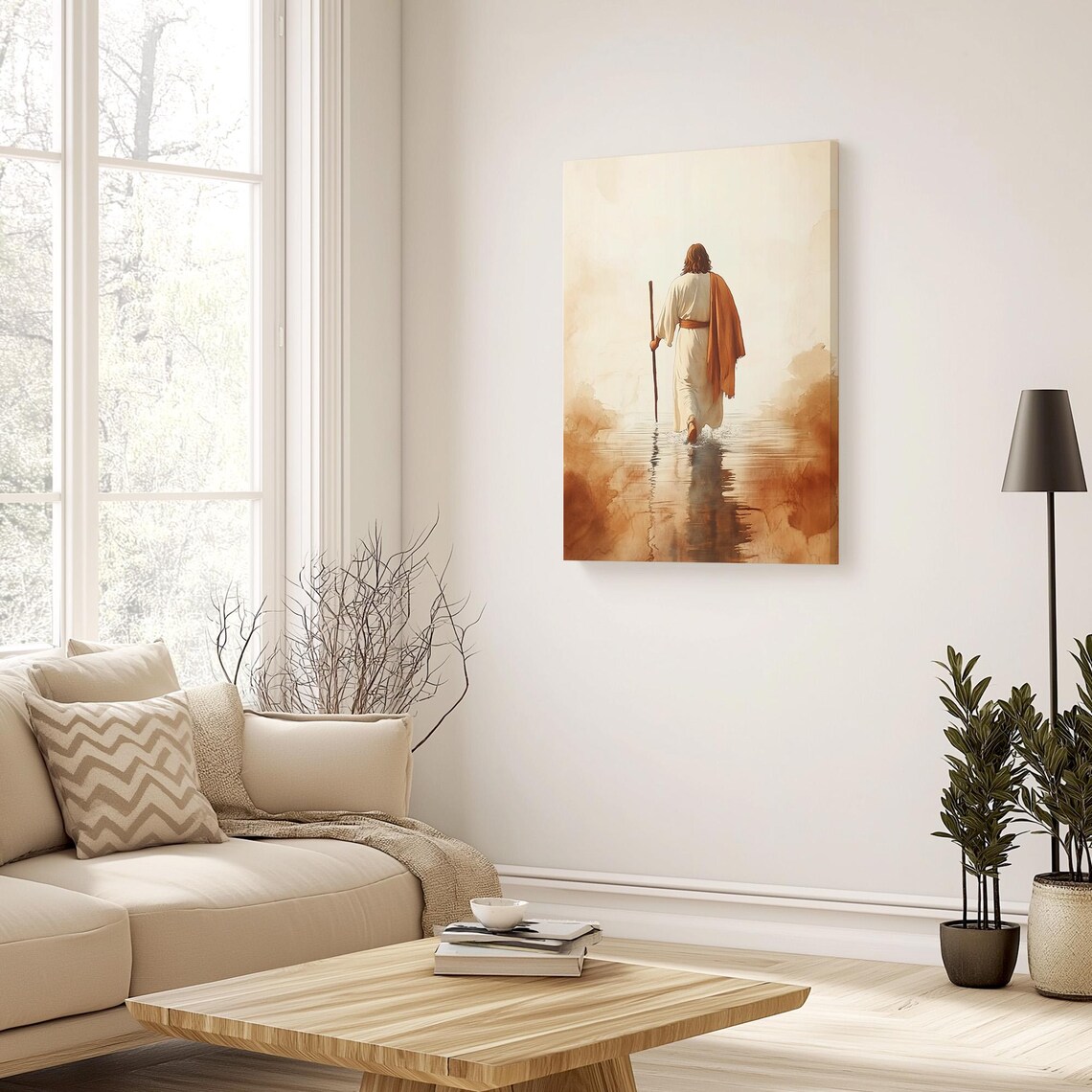 Jesus Walking On Water With Staff In Sepia Watercolor Poster - Image 2