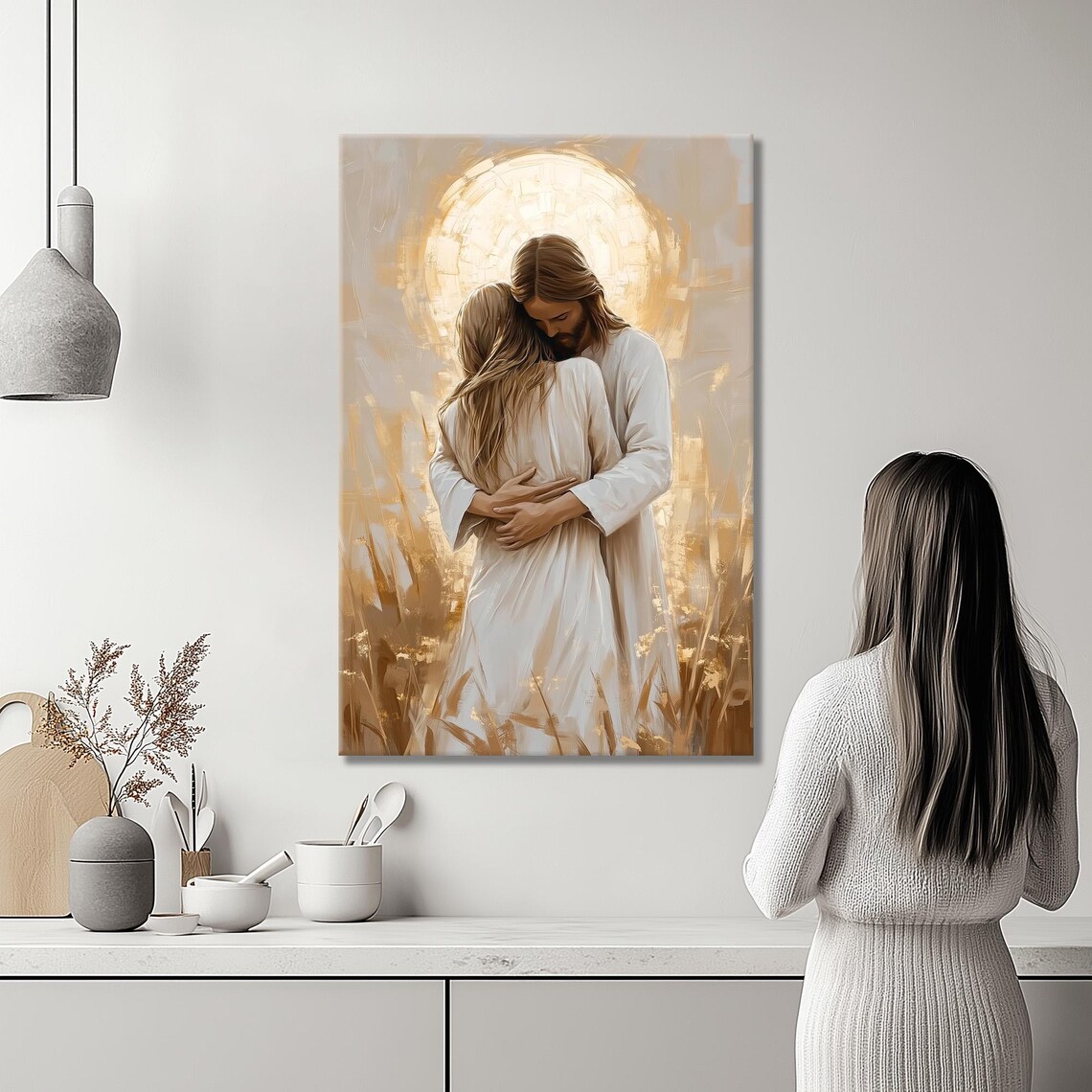 Jesus Embracing Woman Before Golden Halo Over Wheat Field Poster - Image 2