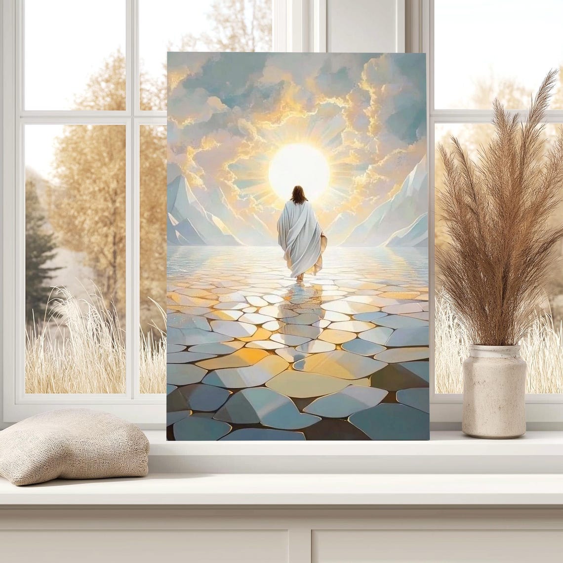 Jesus Walking On Water Into Radiant Golden Sunrise Clouds Poster - Image 4