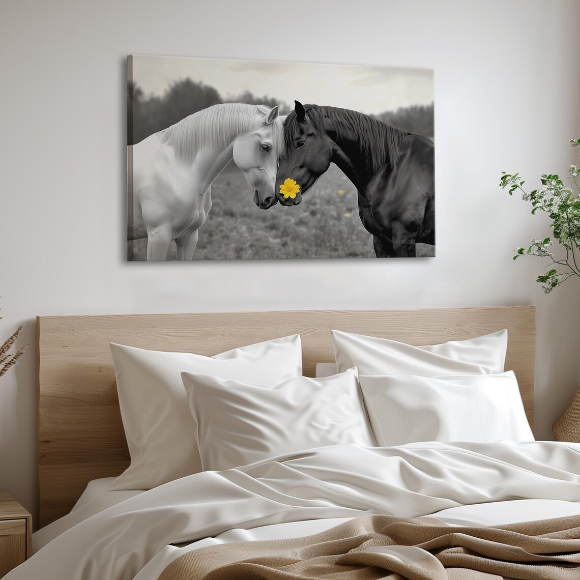 Black And White Horse Couple Nuzzling With Yellow Flower Accent Poster - Image 6