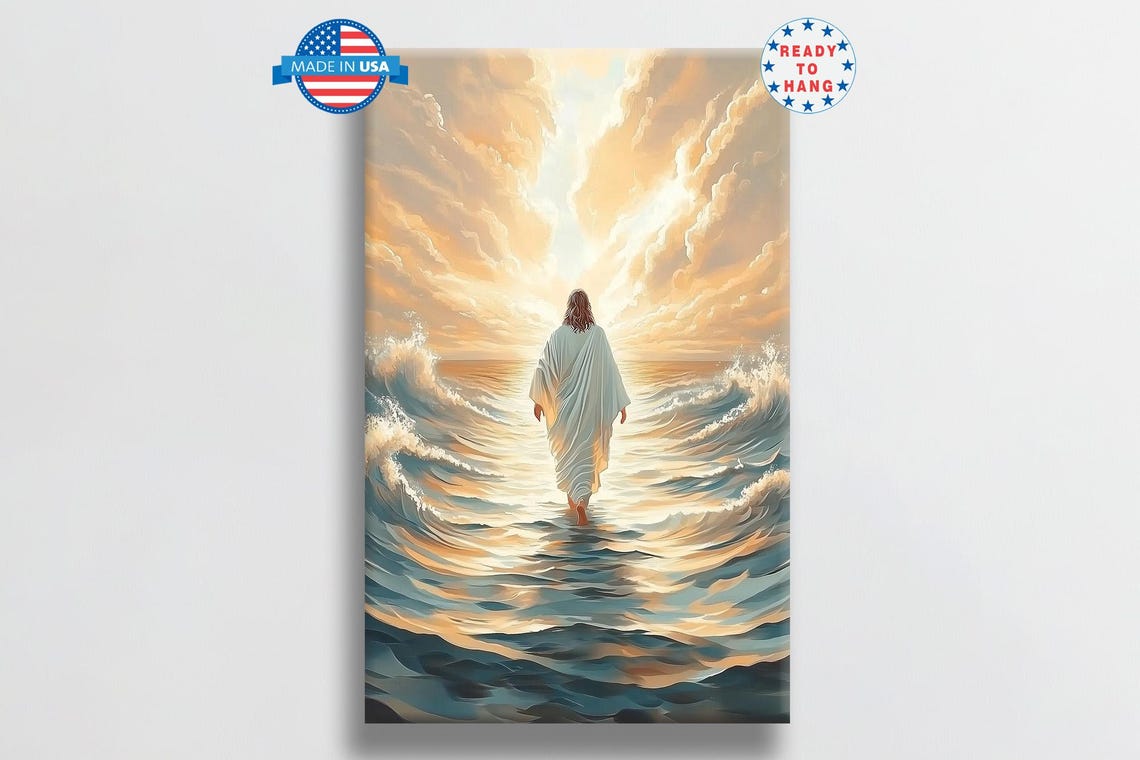 Jesus Walking On Rolling Blue Waves Toward Golden Sunrise Poster