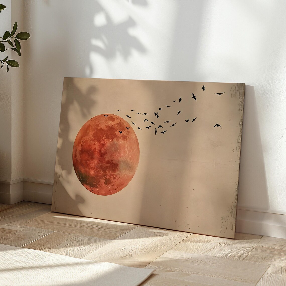 Blood Red Moon With Flock Of Birds Minimalist Canvas Wall Art - Image 6