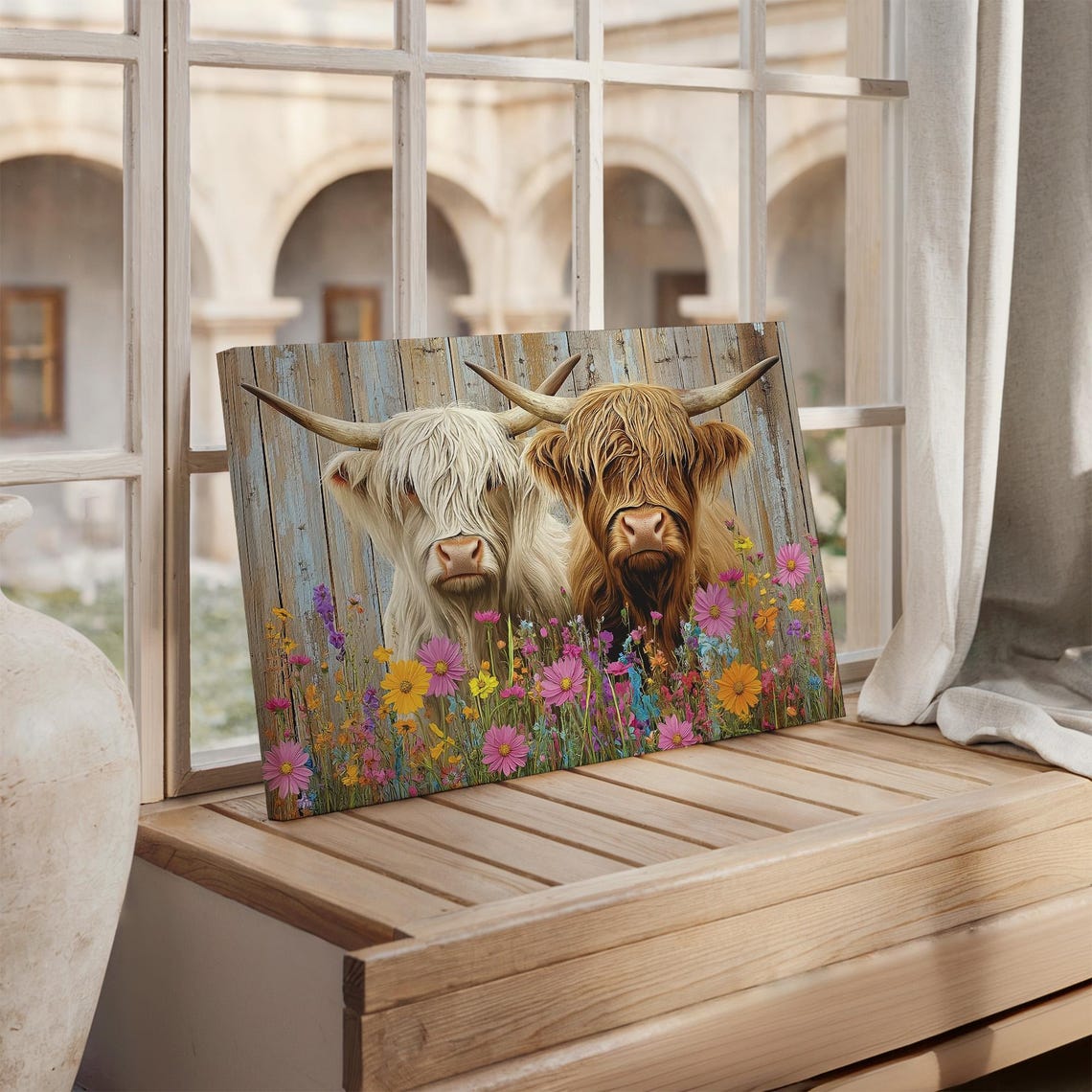 Two Highland Cows Among Colorful Wildflower Meadow Rustic Poster - Image 4