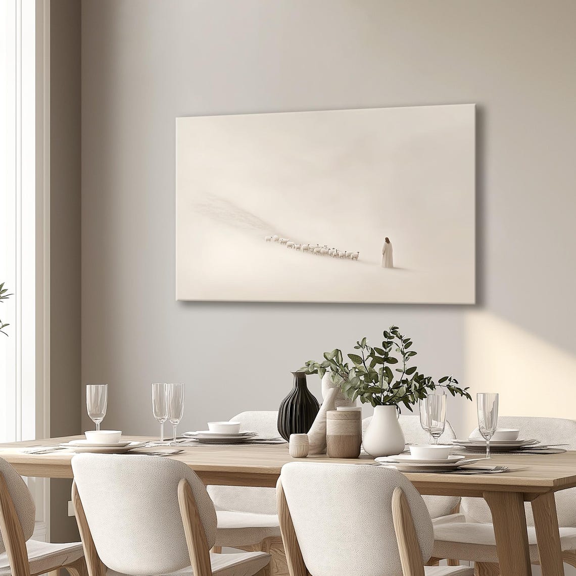 Good Shepherd Leading Tiny Flock Across White Expansive Field Poster - Image 2