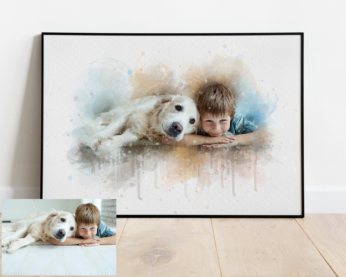 Custom Watercolor Pet Portrait From Photo Boy With Dog Framed Print