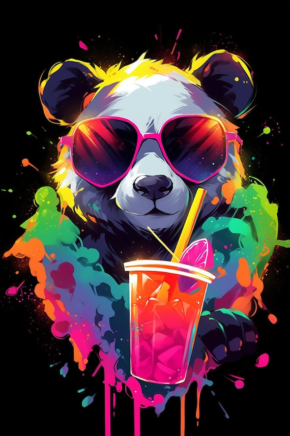 Panda in Pink Sunglasses With Smoothie Fun Neon Party Animal Poster