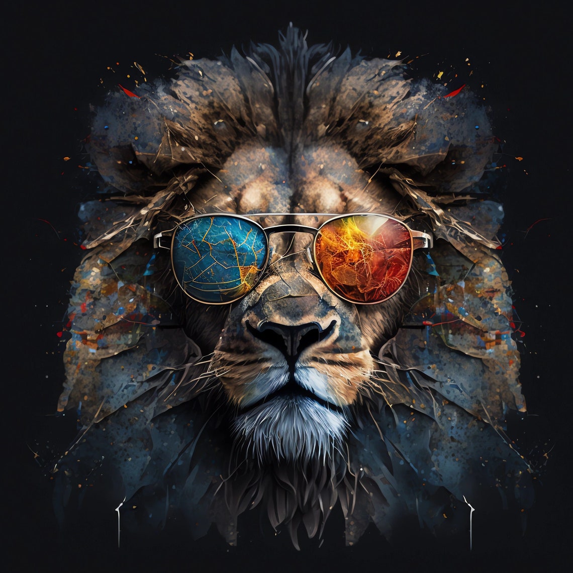 Colorful Lion In Sunglasses Portrait Colorful Print Grunge Rusty Portrait Of Majestic Lion With Sunglasses Lion Poster Sunglasses Animal