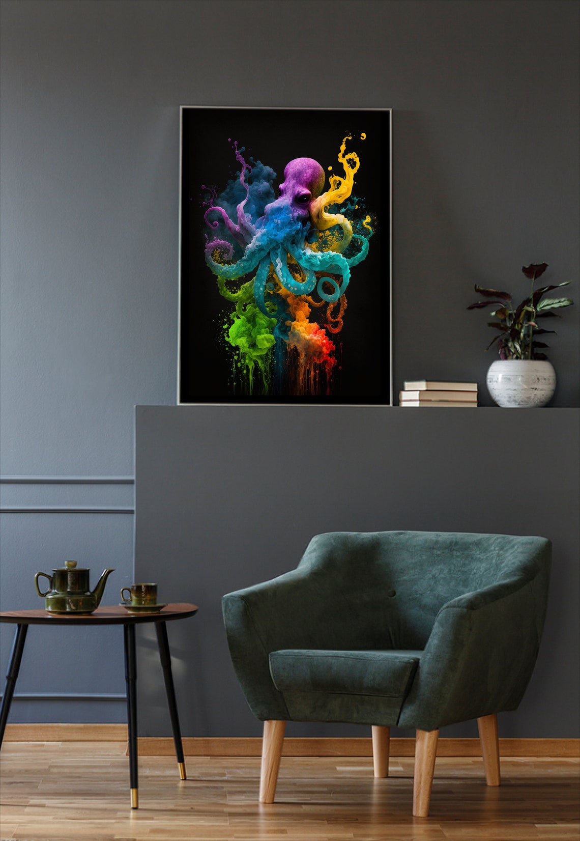 Octopus in Rainbow Ink Clouds Dramatic Colorful Sea Life Art Poster - Image 3