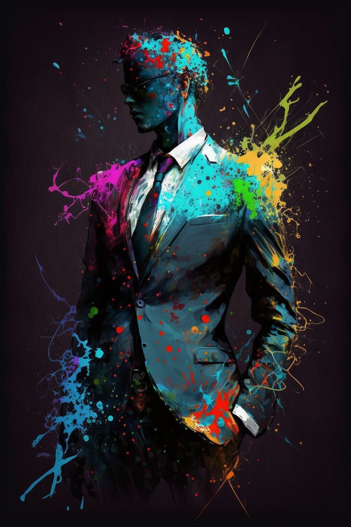 Man in Suit With Colorful Paint Splash Modern Abstract Portrait Poster