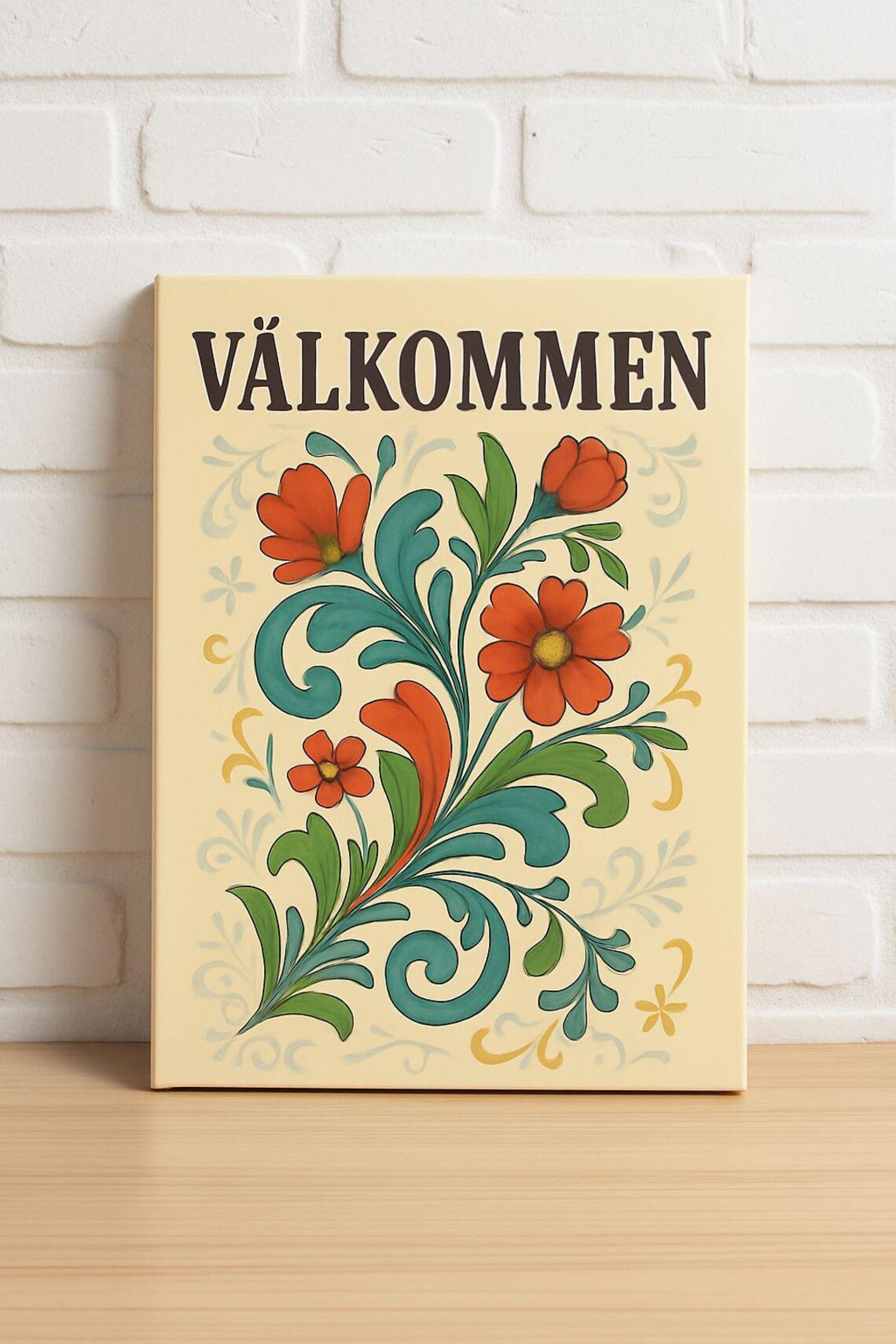 Välkommen Swedish Folk Art Floral Welcome Sign Kitchen Poster