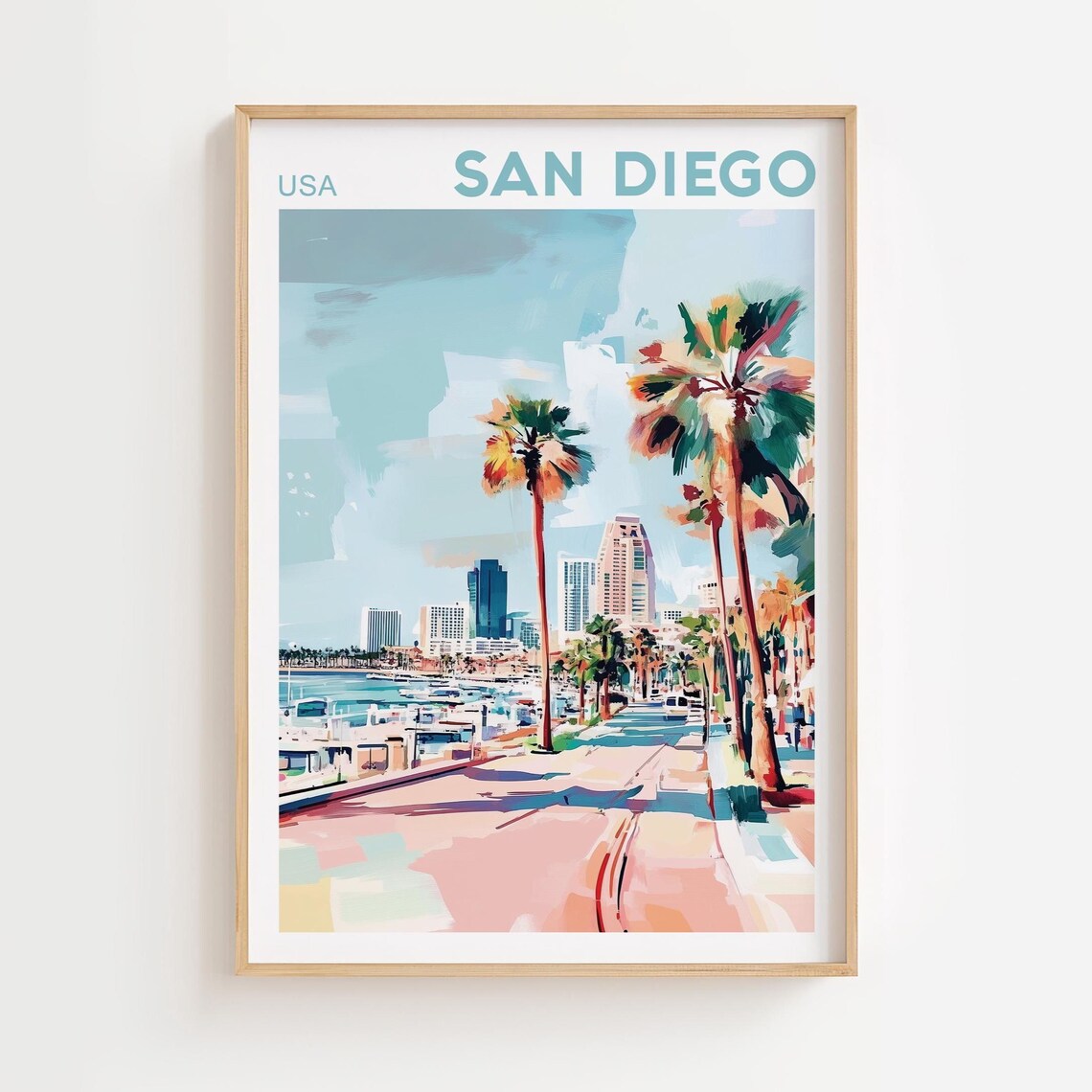 San Diego Watercolor Cityscape, California Travel Poster