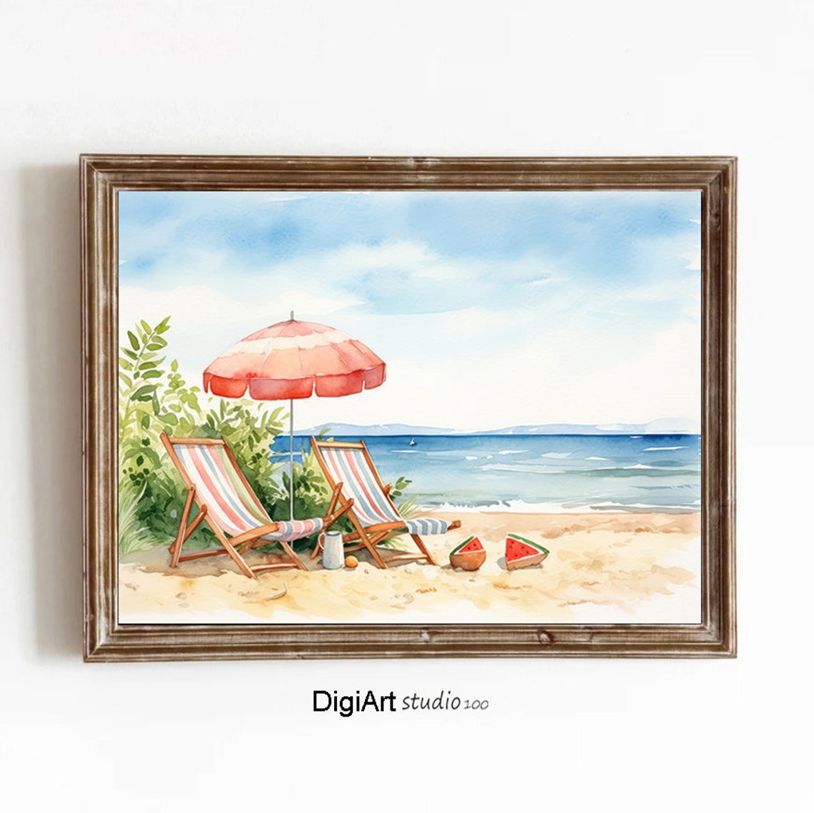 Watercolor Beach Chairs Striped Umbrella Summer Seaside Poster