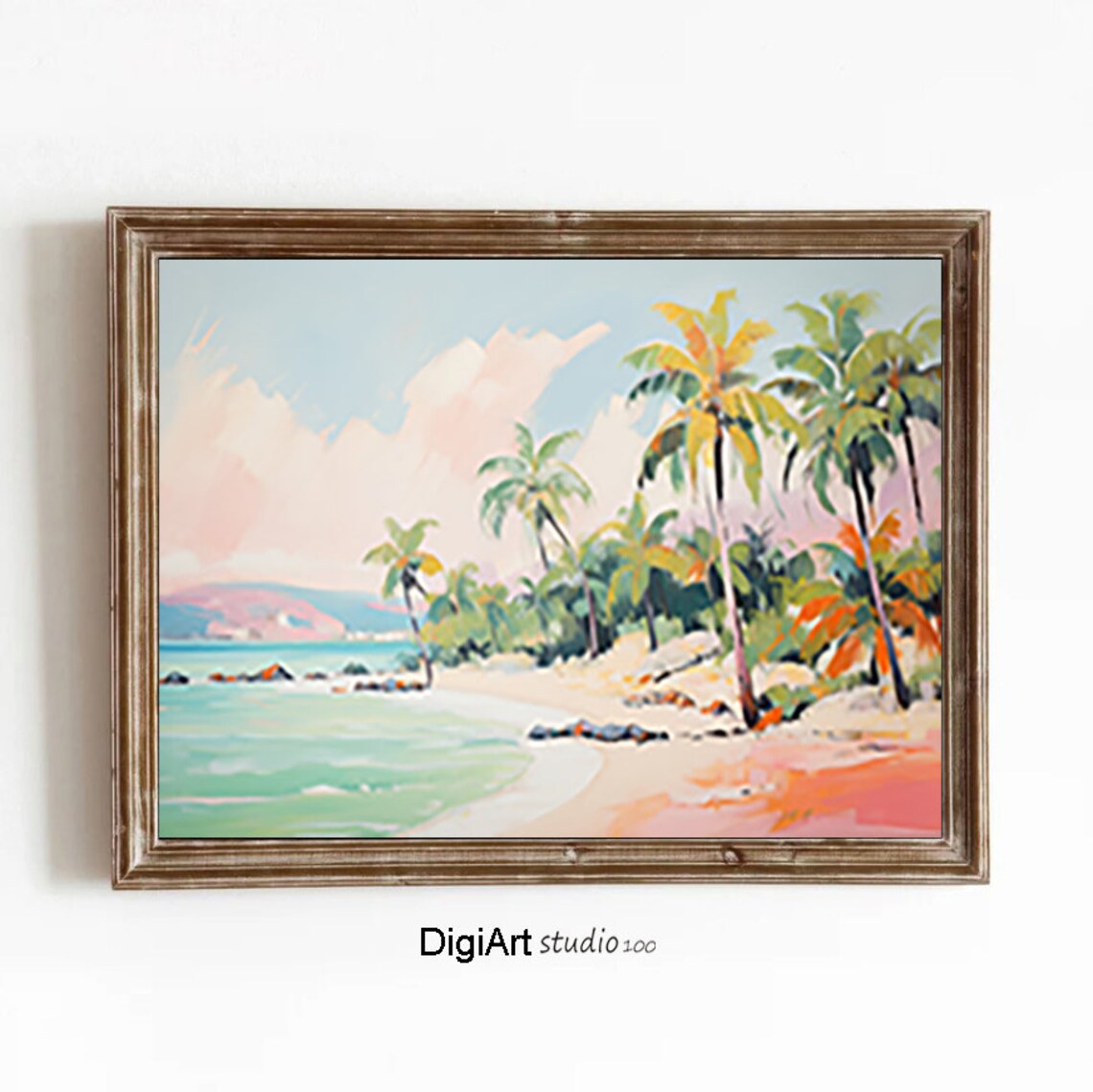 Pastel Tropical Beach Palm Trees Turquoise Sea Art Decor Poster