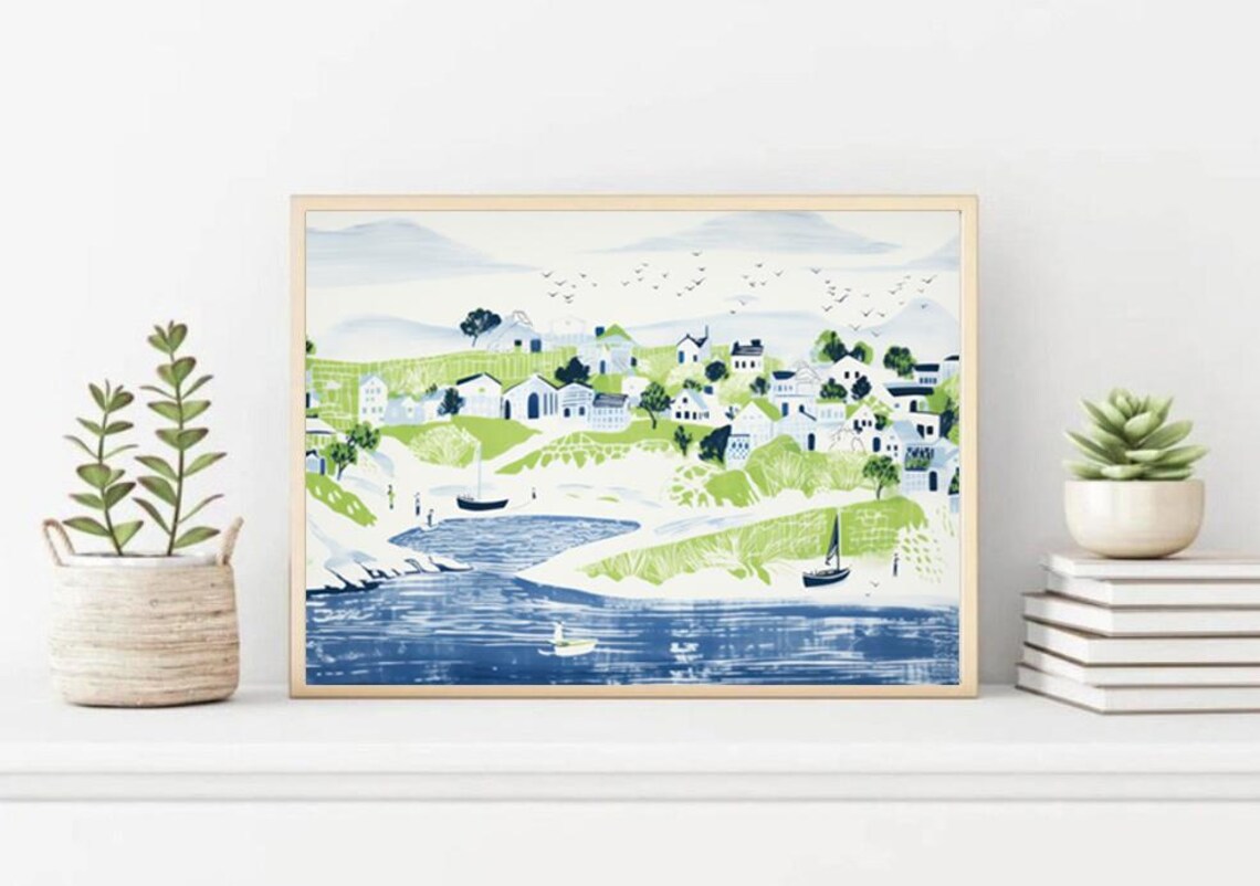 Coastal Village Green Hills Blue Harbor Illustration Art Poster - Image 3