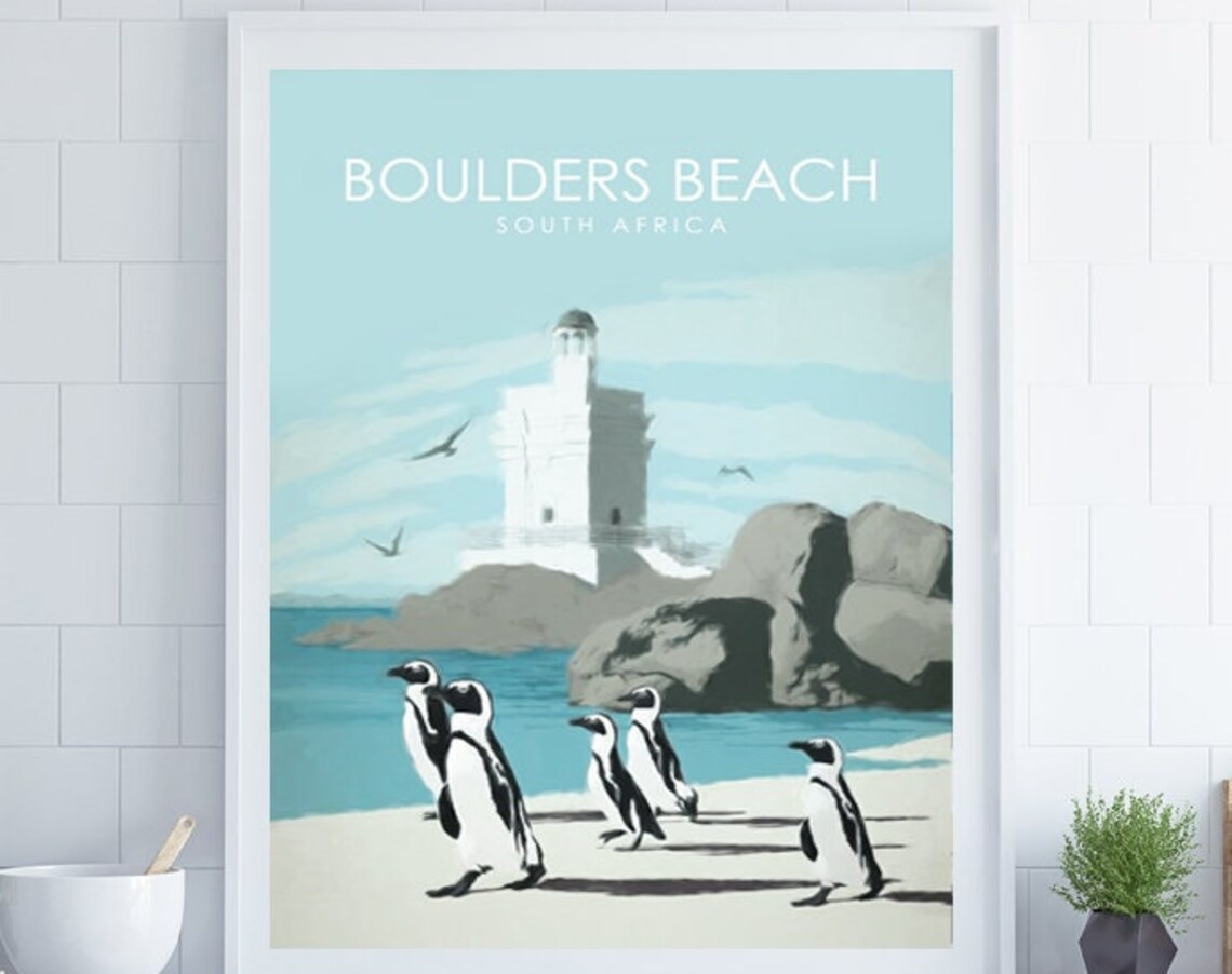 Boulders Beach South Africa Penguins Lighthouse Retro Travel Poster