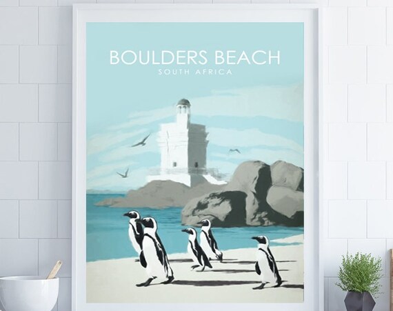 Boulders Beach South Africa Penguins Lighthouse Retro Travel Poster