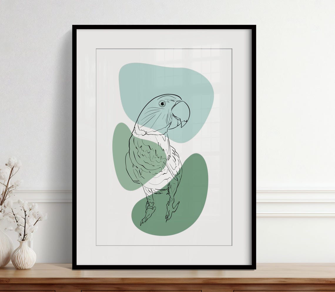 Parrot Line Drawing Sage Green Abstract Custom Pet Portrait Poster