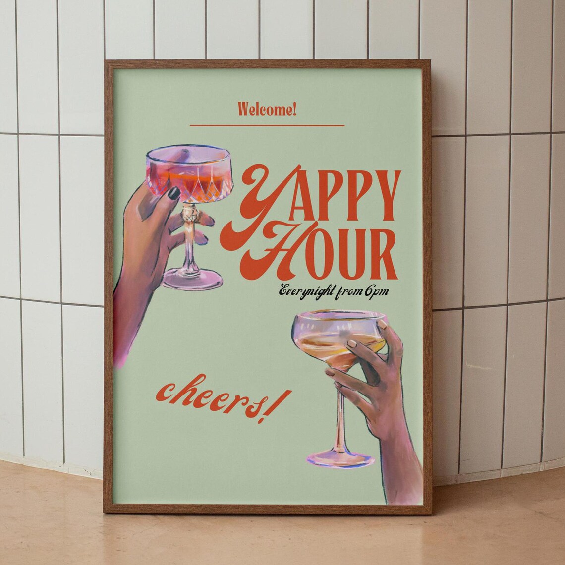 Yappy Hour Cocktail Cheers Green Retro Bar Cart Funny Quote Poster