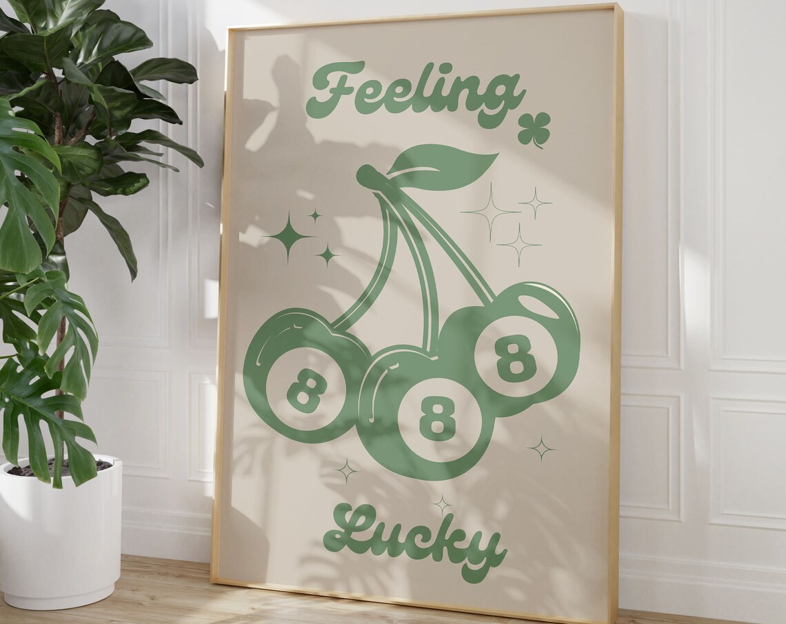 Feeling Lucky Green Cherry Eight Ball Clover Retro Dorm Poster
