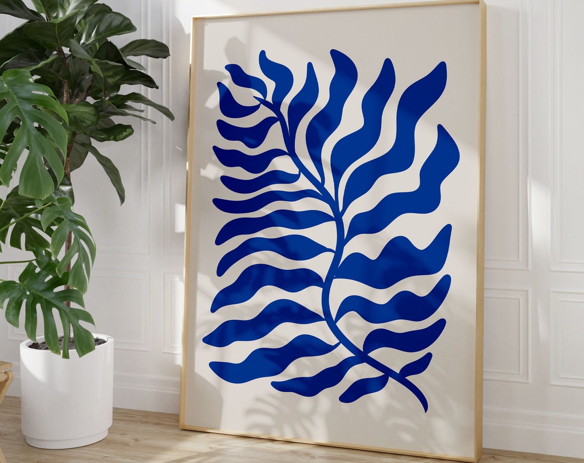 Bold Blue Abstract Botanical Leaf Matisse Inspired Cobalt Print