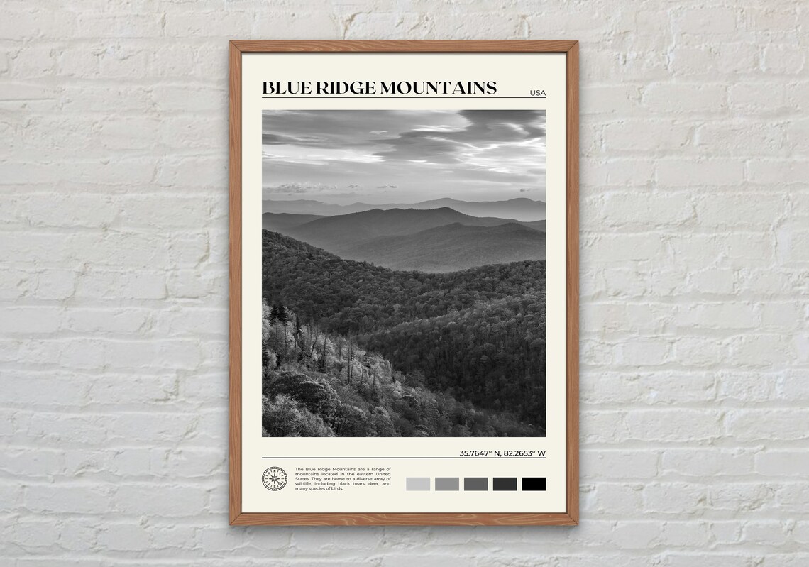 Blue Ridge Mountains, Black and White Travel Poster