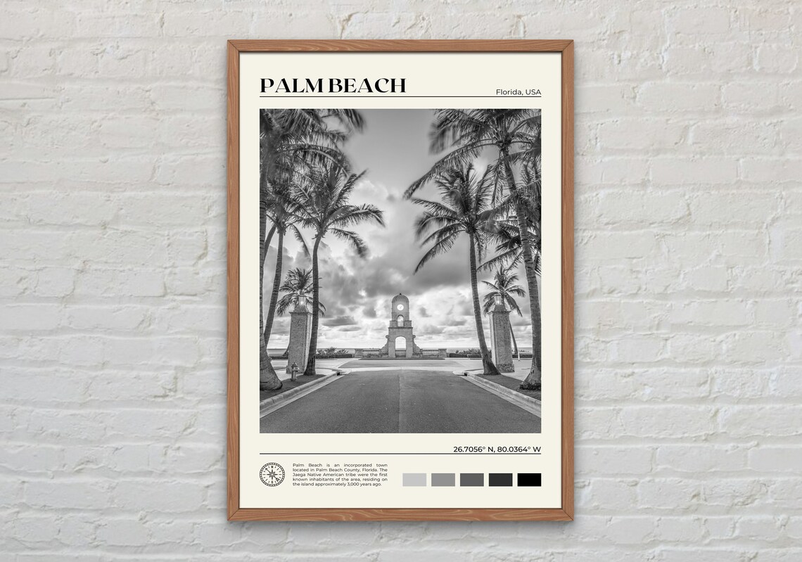 Black And White Palm Beach Travel Poster, Coastal Decor