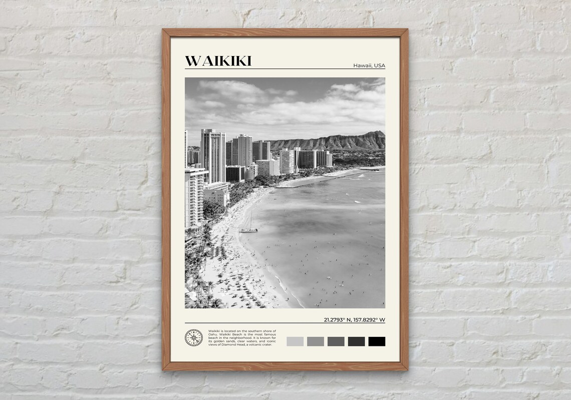Waikiki Black and White Travel Poster, Hawaii
