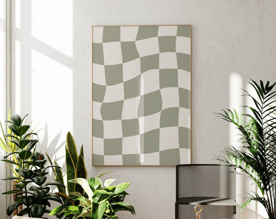 Sage Green Wavy Checkerboard Trendy Retro Checker Pattern Poster