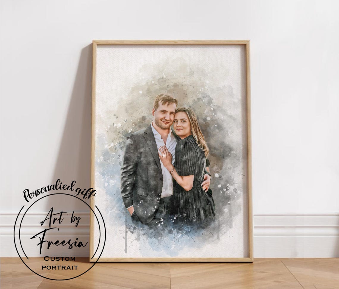 Smiling Couple Watercolor Custom Portrait Romantic Gift Poster