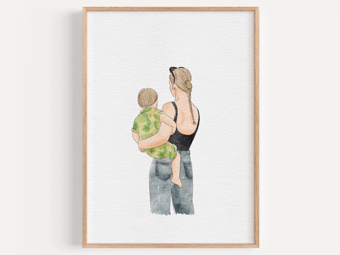 Mother Carrying Toddler From Behind Soft Watercolor Portrait Poster