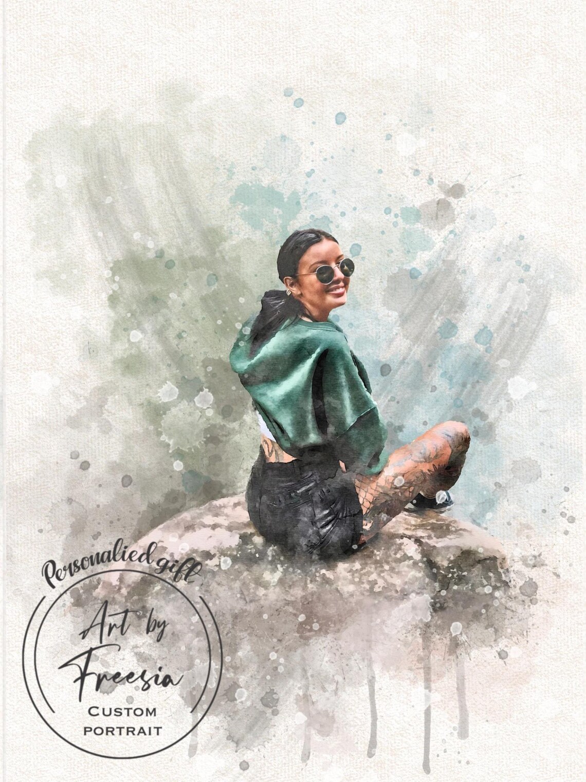 Tattooed Woman Sitting on Rock Watercolor Custom Portrait Poster