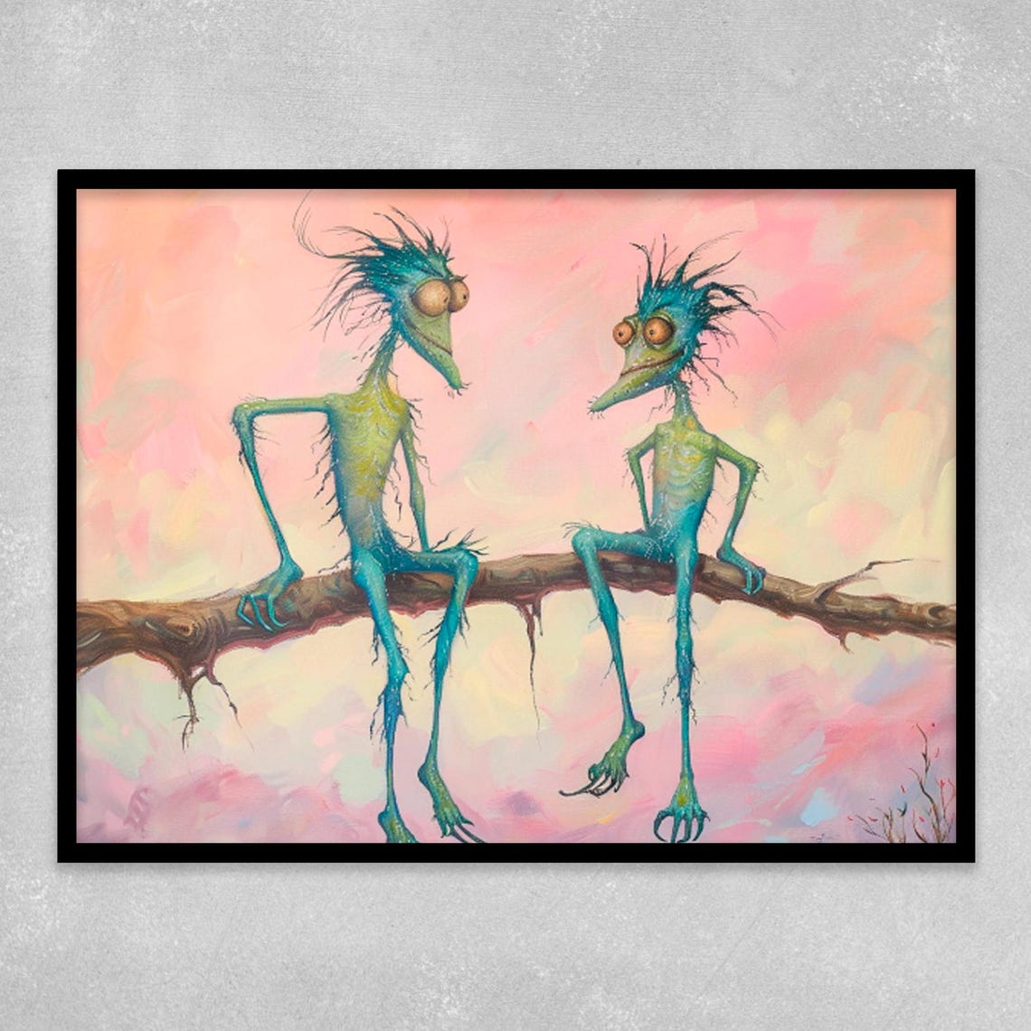 Lanky Whimsical Creatures Sitting on Branch Pastel Fantasy Poster
