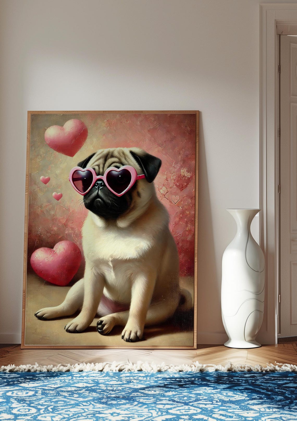 Pug Puppy Pink Heart Sunglasses Valentine Dog Painterly Poster - Image 2