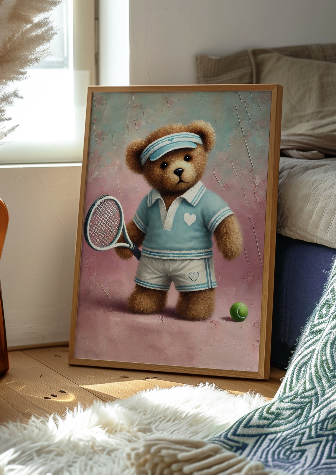 Cute Teddy Bear Tennis Player Pink Background Nursery Poster - Image 2