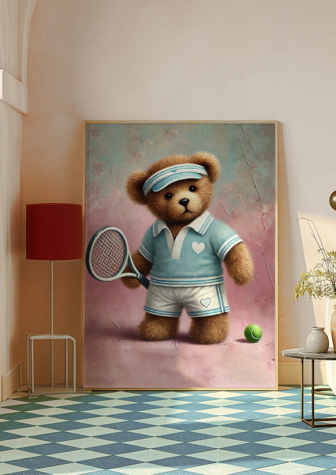 Cute Teddy Bear Tennis Player Pink Background Nursery Poster - Image 3