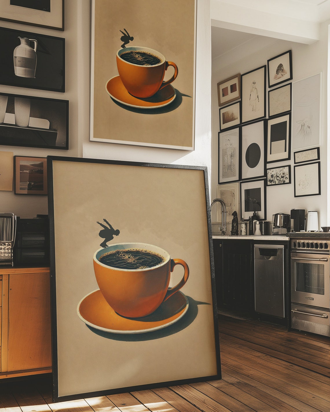 Vintage Orange Espresso Cup Diver Silhouette Whimsical Coffee Poster - Image 2