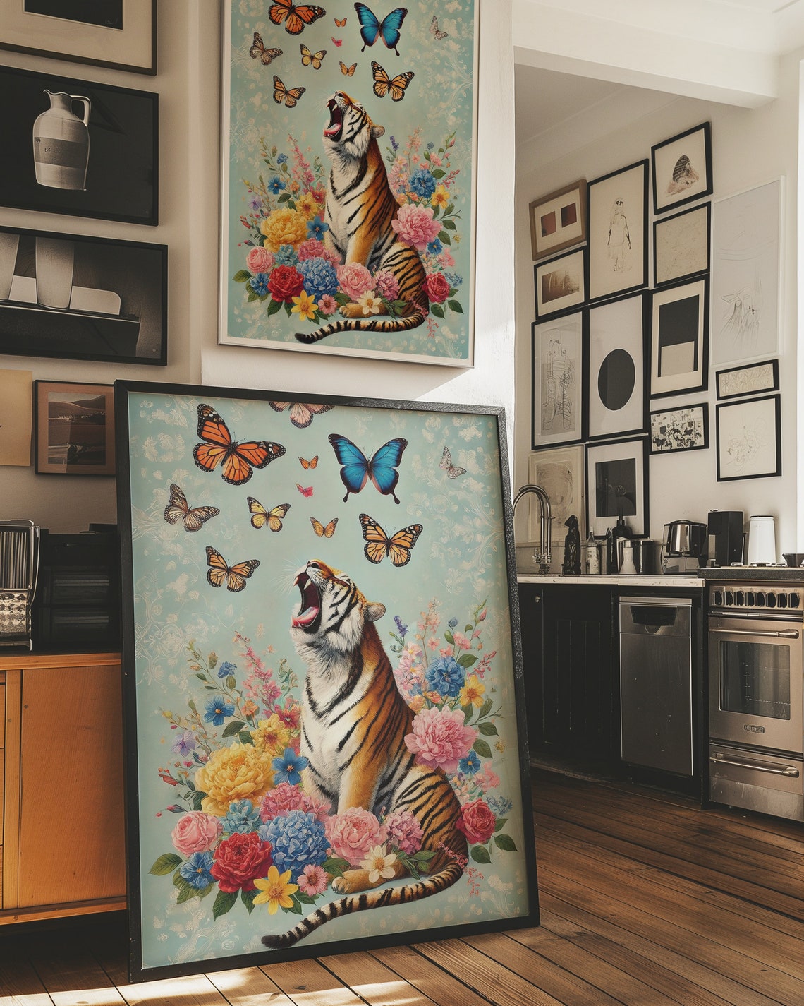Yawning Tiger Roaring Among Butterflies And Colorful Flowers Poster - Image 4