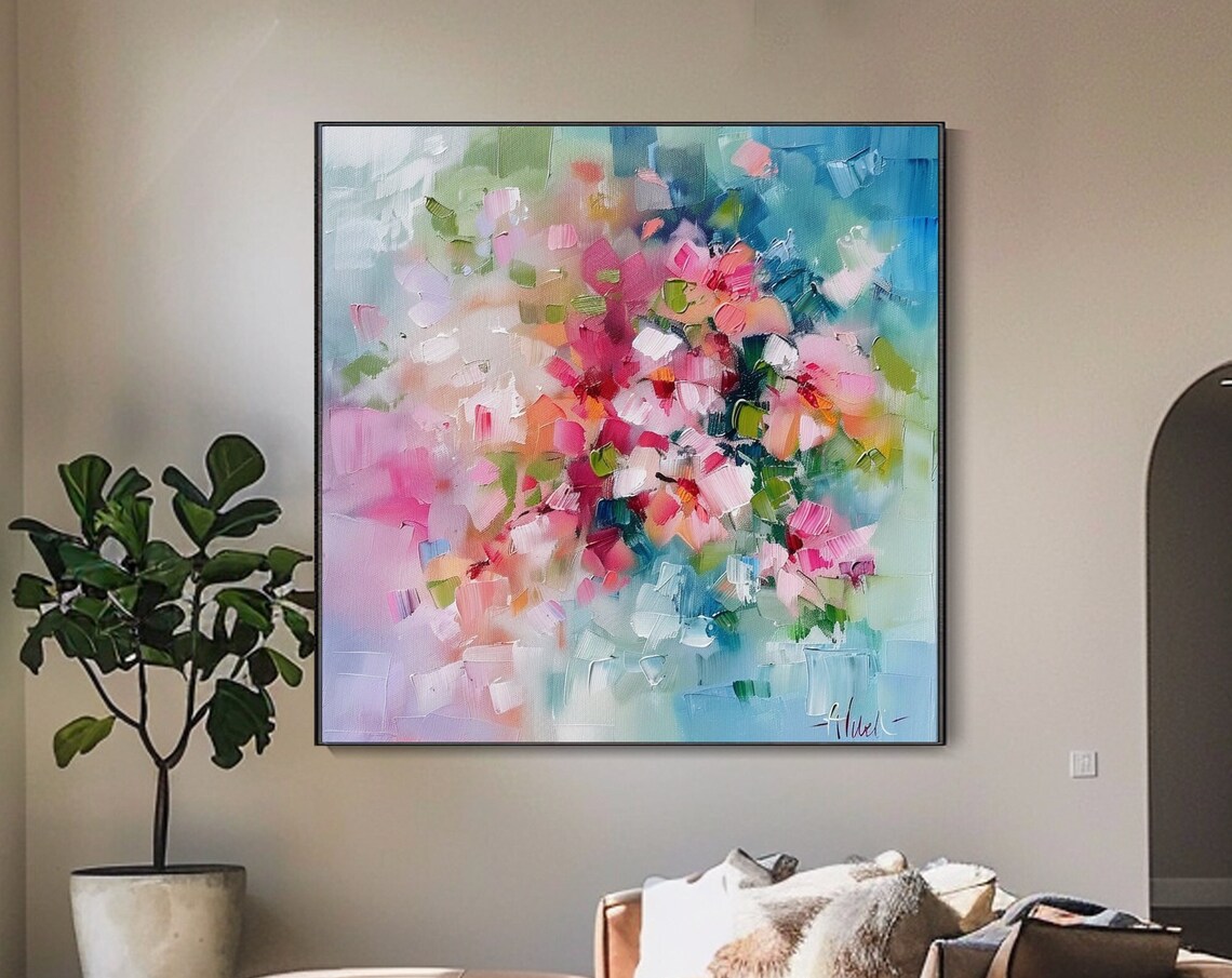 Pink Peony Blossom Abstract Blue Floral Oil Painting Art Poster