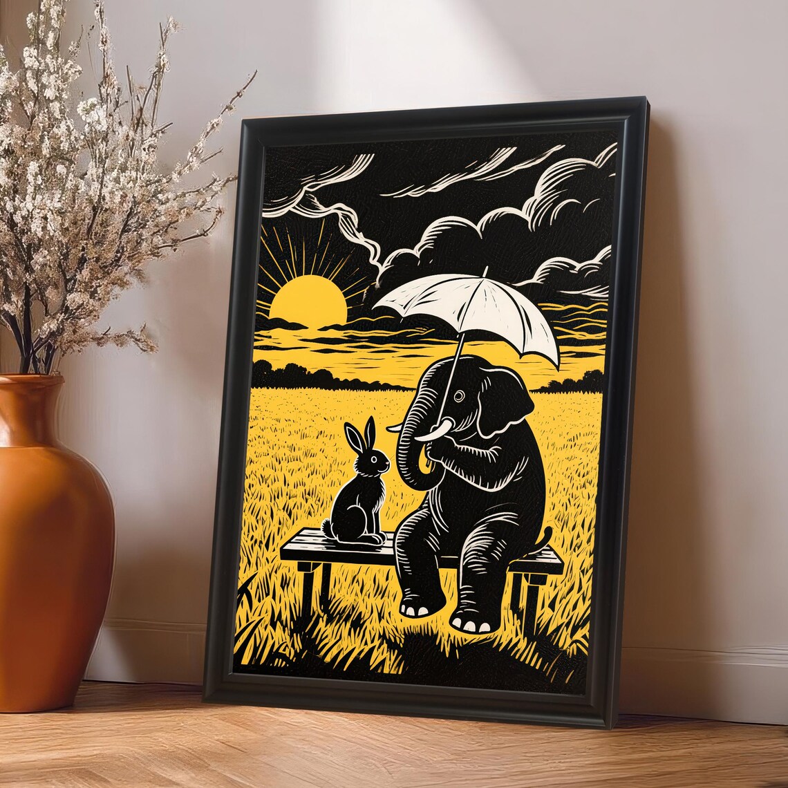 Black Yellow Woodcut Elephant And Rabbit Art Print