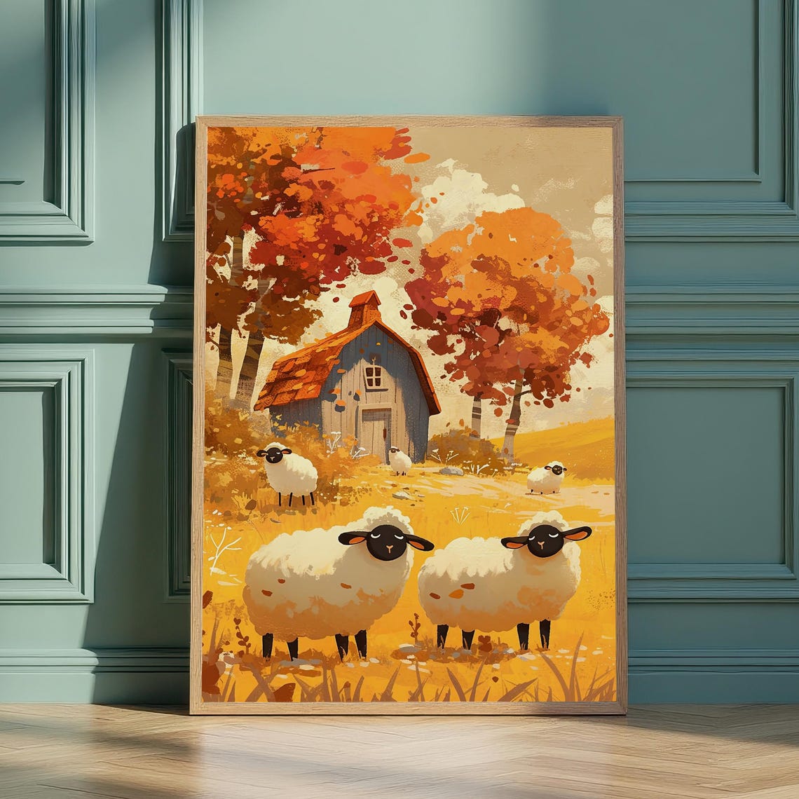 Whimsical Happy Sheep With Autumn Barn Fall Countryside Scene Poster