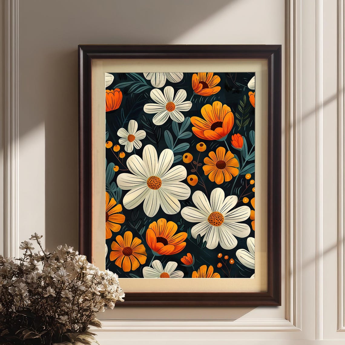Boho Daisy Pattern with Orange Blooms Dark Botanical Decor Poster