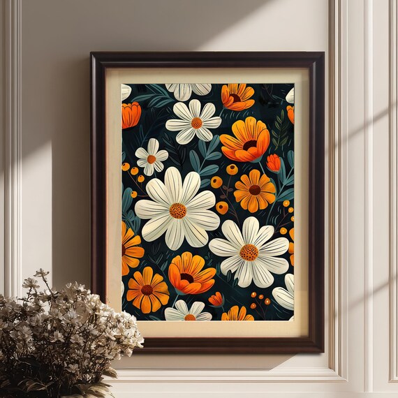 Boho Daisy Flower Pattern Print Wood Framed Botanical Wall Art Poster