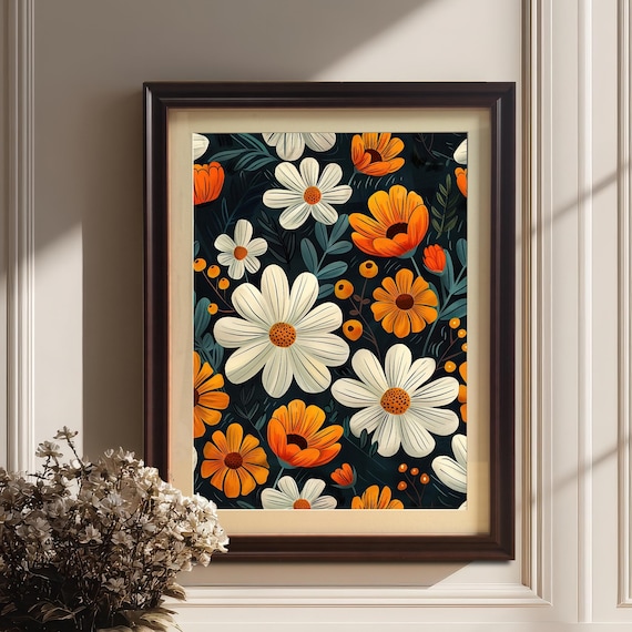 Boho Daisy Pattern with Orange Blooms Dark Botanical Decor Poster