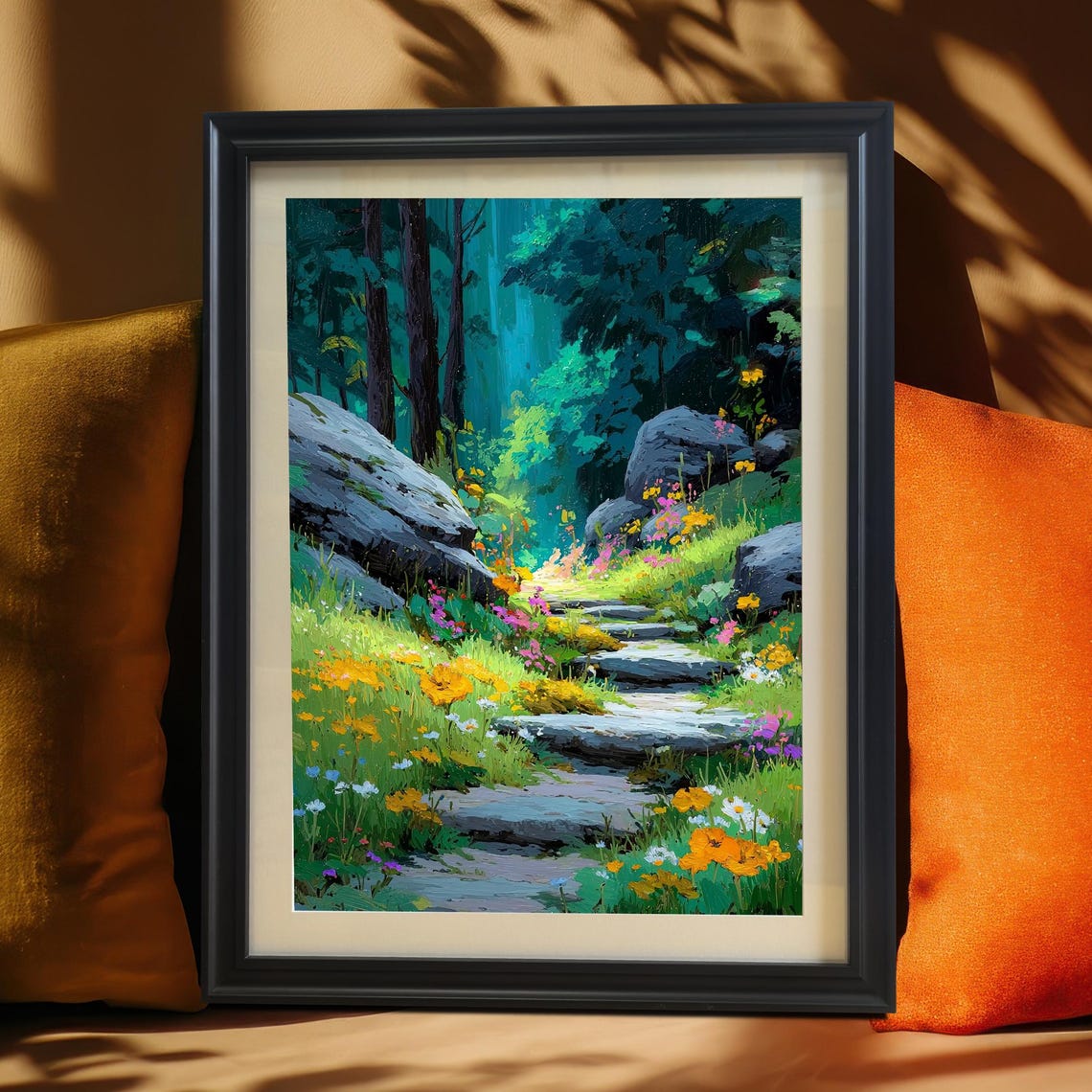 Enchanted Stone Path Through a Wildflower Forest in Teal Poster