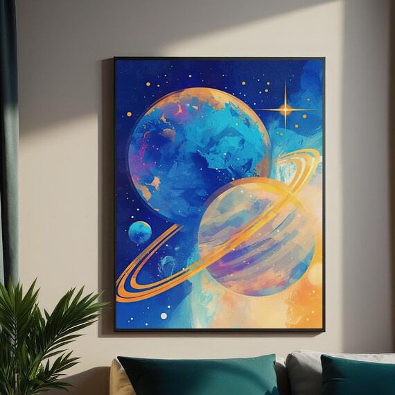 Colorful Cosmic Planets Saturn Rings Starry Space Galaxy Art Poster