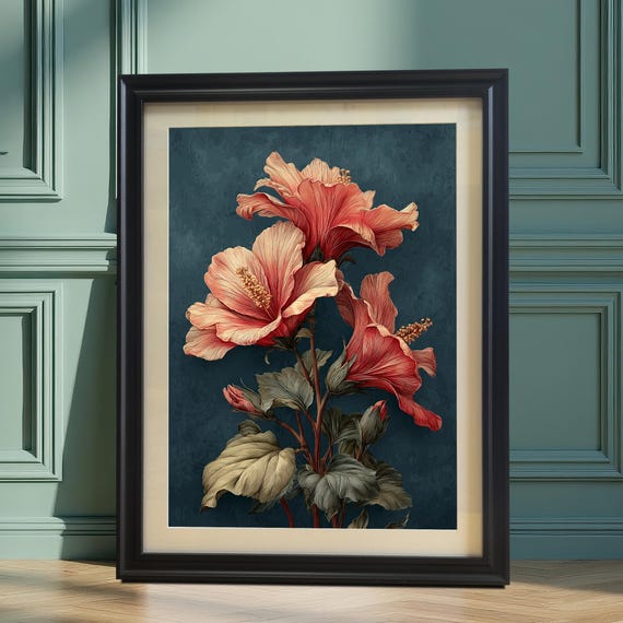 Vintage Hibiscus Flower Art Print Wood Framed Wall Decor Botanical Giclee Poster